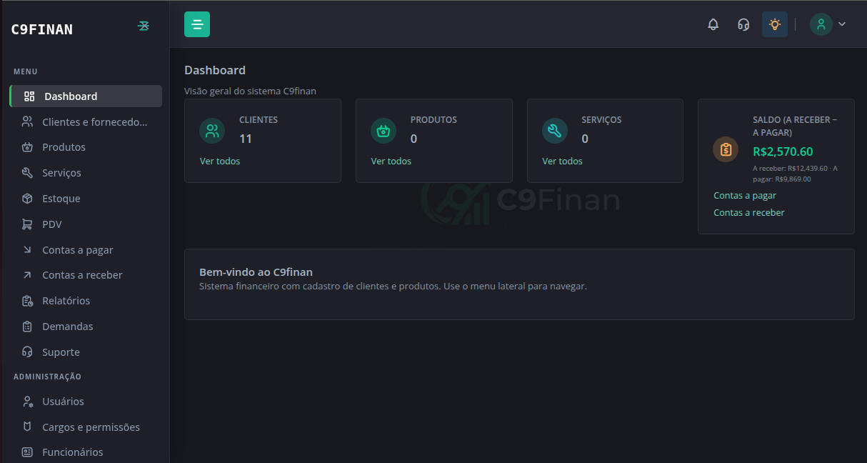 Tela do sistema C9Finan